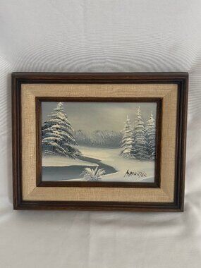 Vintage Barrister Painting Oil Canvas Winter Scene 5"x7" on 8"x10" Frame #4058 A